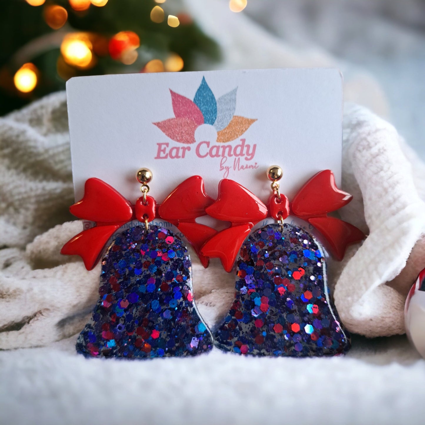 Jingle Bell blue glitter rock red bow - Ear Candy by Naomi Jingle Bell blue glitter rock red bow