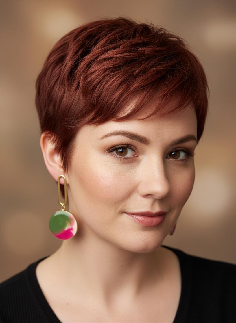 Woman with short red hair wearing colorful earrings against a blurred background